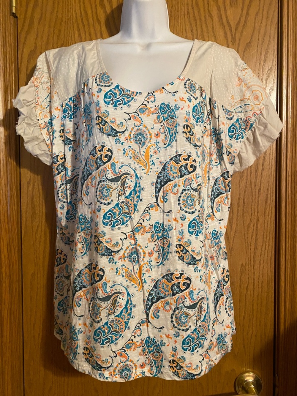 Cato Cream Paisley Short Sleeve Scoop Neck Top with Teal and Orange